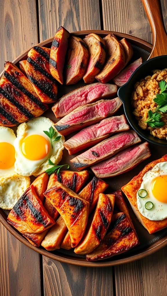 Carnivore Diet Meal Plan for Two A carnivore diet meal with ribeye steaks, chicken breasts, scrambled eggs, and salmon on a wooden table.